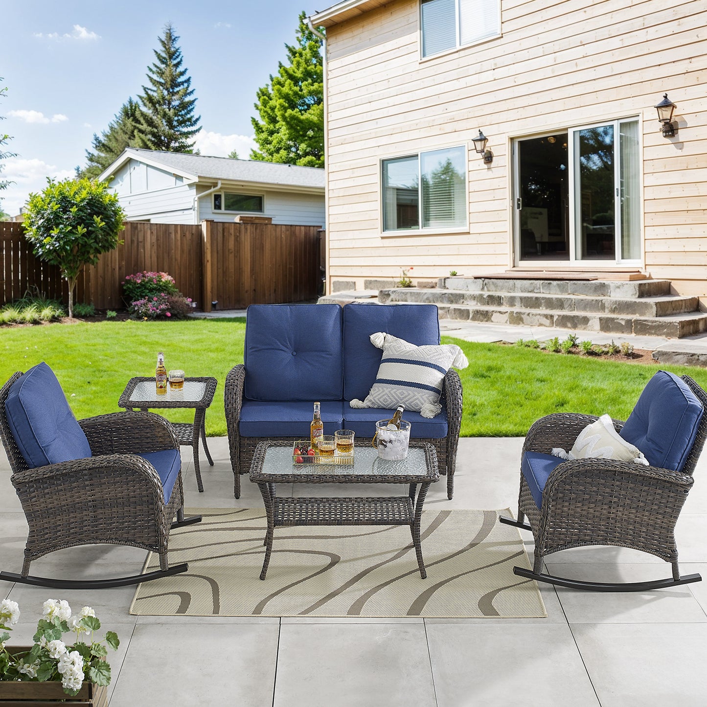 Patio Conversation Set 5-Piece with Loveseat, Rocking Chairs, Coffee Table, and Side Table, NDS Series
