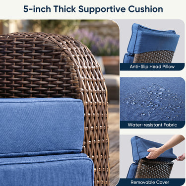Belord outdoor patio recliner chair with extendable ottoman and foldable table, brown wicker frame with blue cushion.