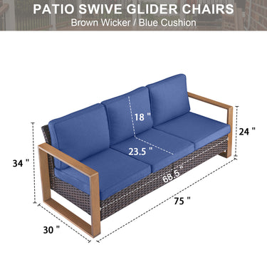 Belord deep-seat wicker patio sofa with blue cushions and wood grain frame, spacious 3-person outdoor conversation set.