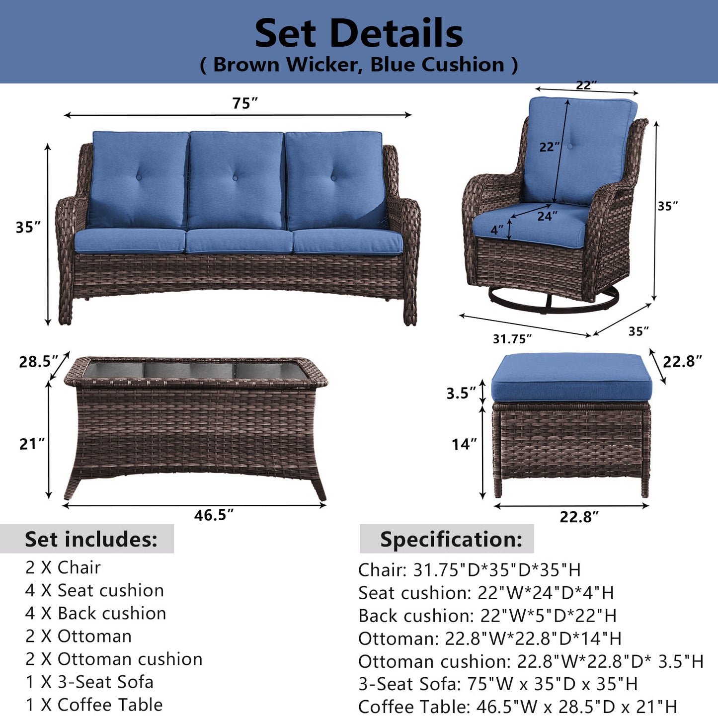Patio Conversation Set 6-Piece with Sofa, 2-Swivel Glider Chairs, Coffee Table, and 2-Ottoman, NTC Series - B2B Wholesale