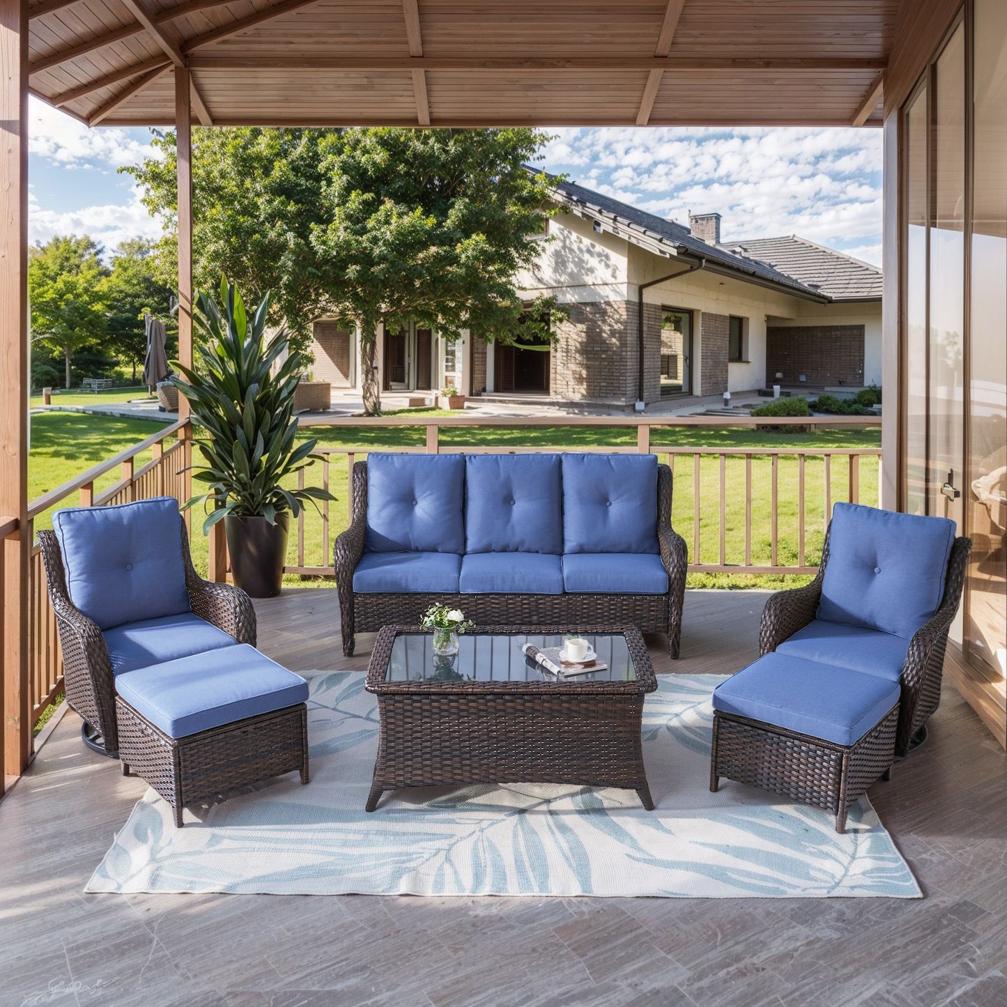 Patio Conversation Set 6-Piece with Sofa, 2-Swivel Glider Chairs, Coffee Table, and 2-Ottoman, NTC Series - B2B Wholesale