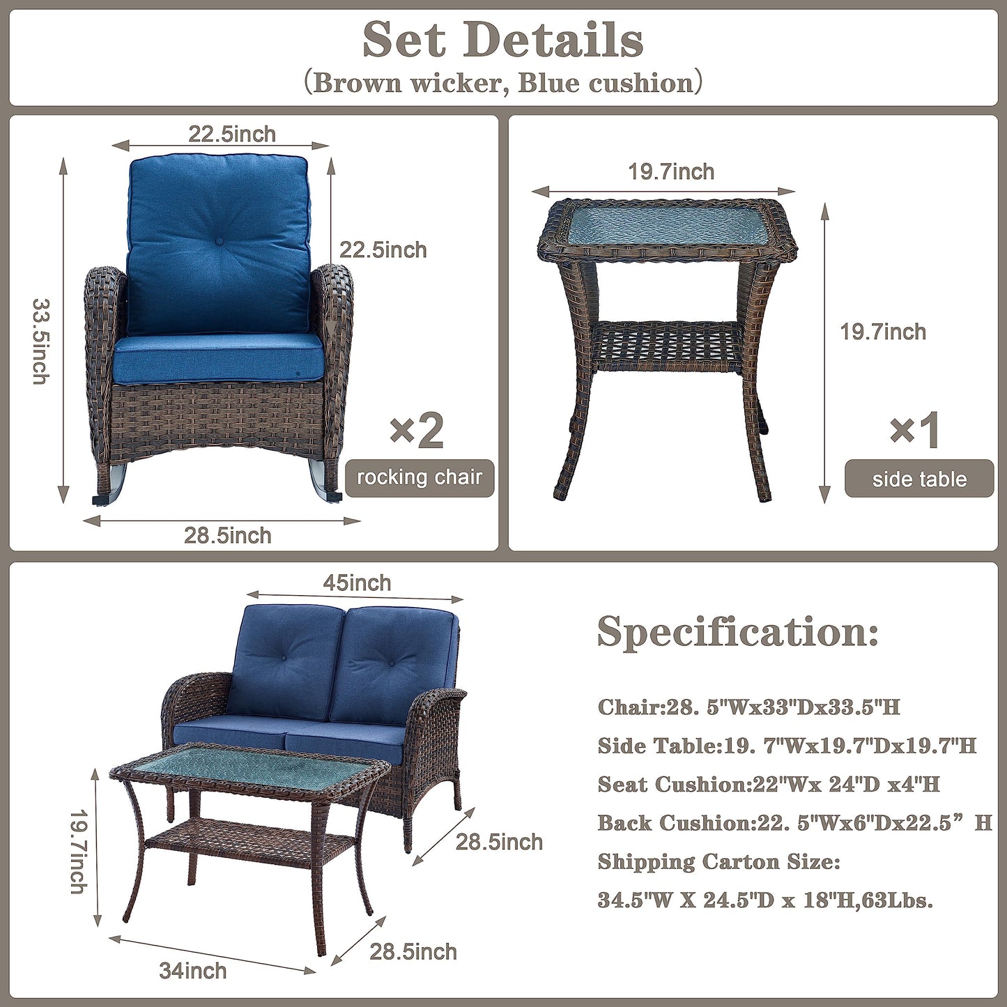 Patio Conversation Set 5-Piece with Loveseat, Rocking Chairs, Coffee Table, and Side Table, NDS Series