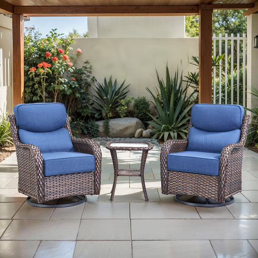 3-Piece Garden Wicker Swivel Glider Set: 2 Chairs + Side Table with 6" Thick Cushions, NT Series