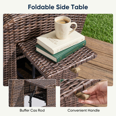 Belord outdoor patio recliner chair with extendable ottoman and foldable table, brown wicker frame with blue cushions.