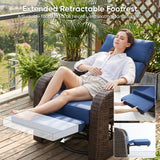 Belord outdoor patio recliner chair with brown wicker, blue cushion, extendable ottoman, and foldable table for relaxing outdoor setup.