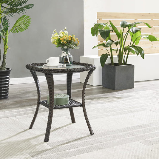 Outdoor PE Rattan Storage Side Table with Tempered Glass, NTC Series