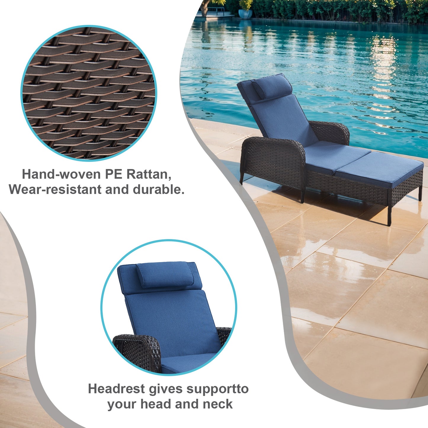3-Piece Outdoor Wicker Lounge Set – 2 Adjustable 75" Chaise Lounges + Side Table, All-Weather Rattan, NTC Series