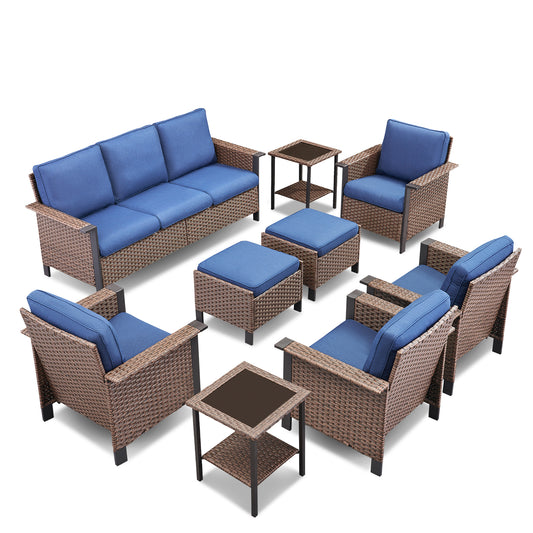 Expansive 9-Piece Conversation Group — Sofa, Quad Seating, Double Ottomans & Garden Accent Tables, WNG Series
