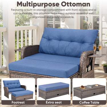 Outdoor Rattan Daybed Set with Multipurpose Ottoman & Side Tray, NDS Series - Belord