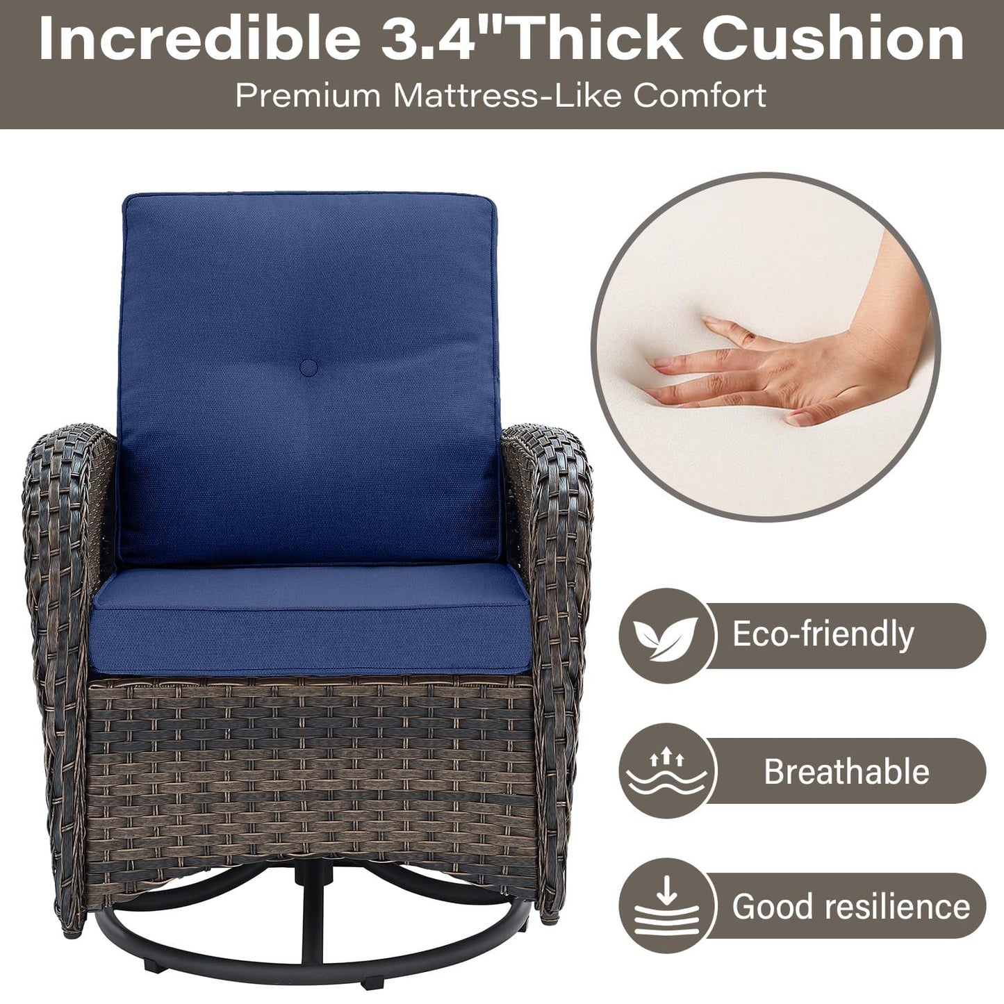 Patio Single PE Wicker Swivel Glider Chair with Thick Cushions, NDS Series