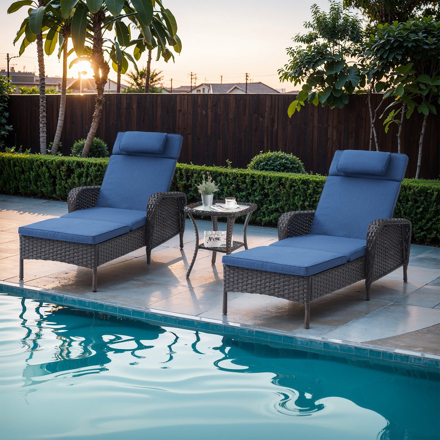 3-Piece Outdoor Wicker Lounge Set – 2 Adjustable 75" Chaise Lounges + Side Table, All-Weather Rattan, NTC Series