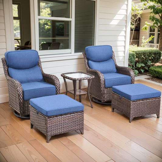 5-Piece Outdoor Wicker Conversation Set – 2 Swivel Glider Chairs with 6" Thick Cushions, 2 Ottomans & Side Table – High Back, NT Series