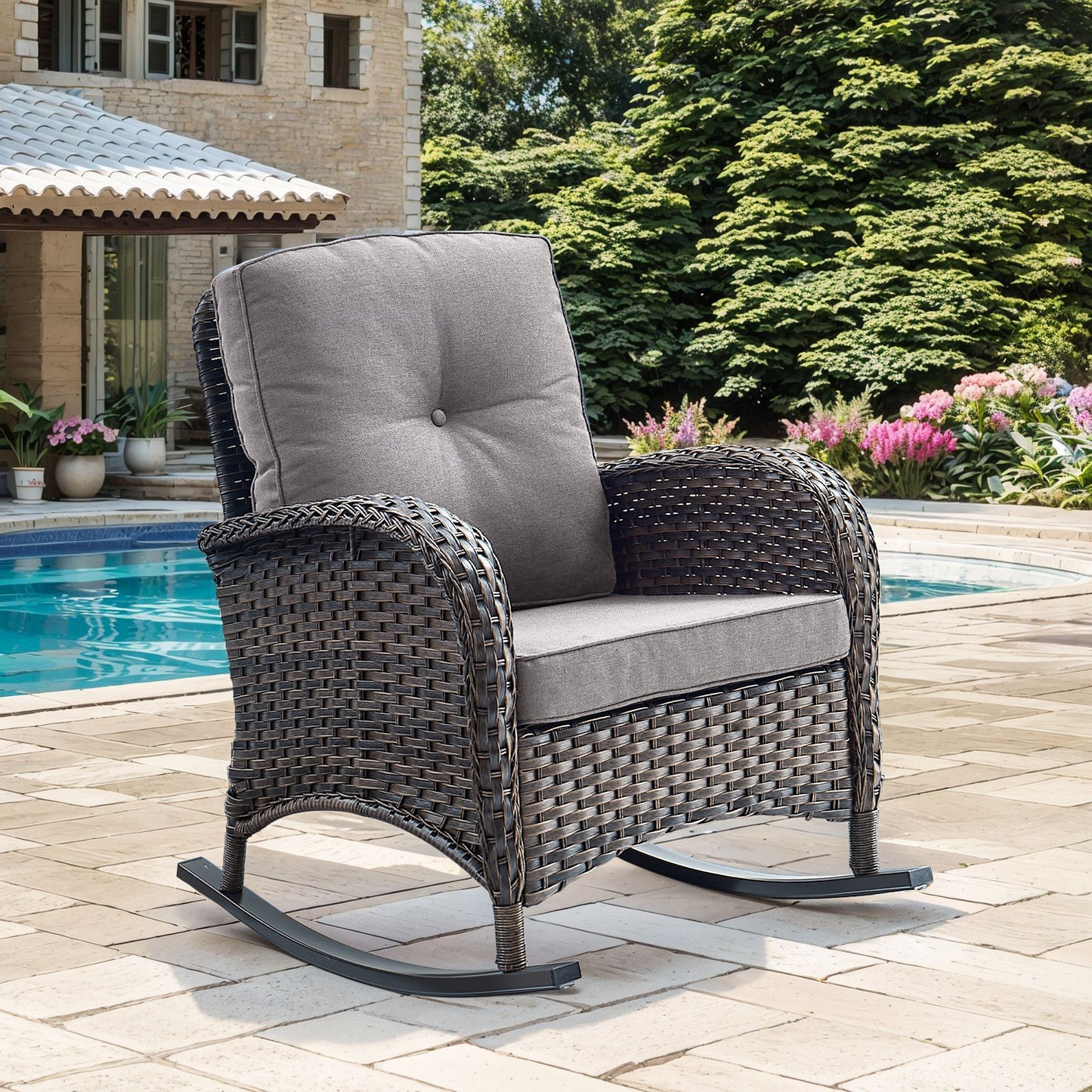 Patio Single PE Wicker Rocking Chair with Thick Cushions, NDS Series - B2B Wholesale