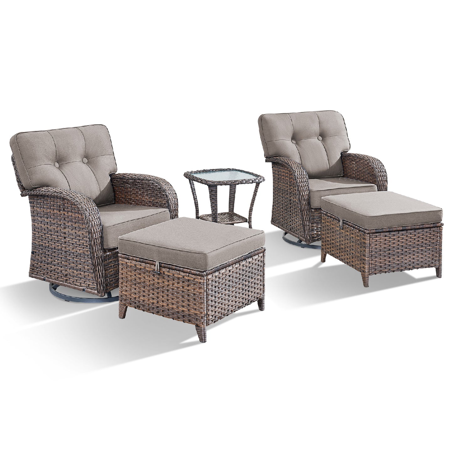 5-Piece Outdoor Patio Set: 2 Swivel Rocker Chairs + Side Table + 2 Ottomans – 5" Thick T-Back Cushions, All-Weather PE Wicker, T Series