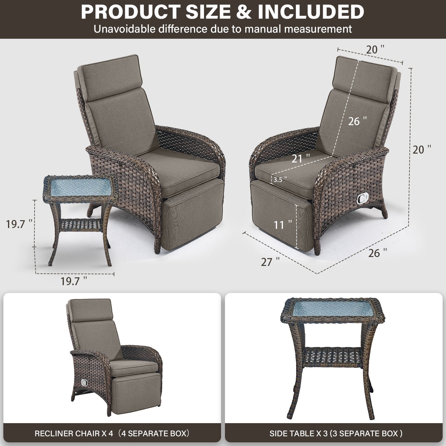 Premium 7-Piece Patio Conversation Set - 4 Adjustable Recliners & 3 Side Tables with 155° Lay Flat Chaise, NDS Series