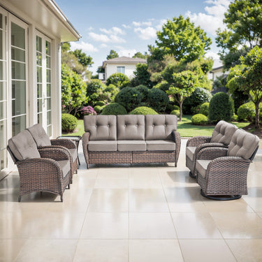 Belord luxury 6-piece patio conversation set with brown PE wicker, grey cushions, includes sofa, swivel rockers, chairs, and side table