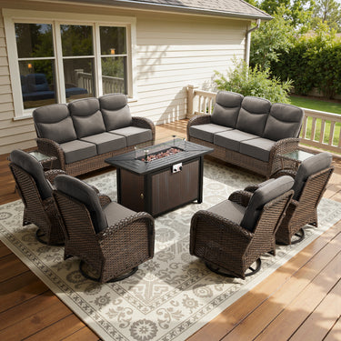 Spacious 9-Piece Patio Conversation Set with Metal Fire Pit Table – All-Weather Wicker Seating for Outdoor Gatherings, ND Series - Belord