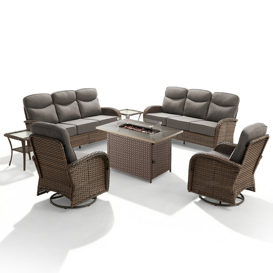 Luxury 7-Piece Rattan Patio Set with Wicker Fire Pit Table – Premium Seating for Patio & Backyard, ND Series - Belord