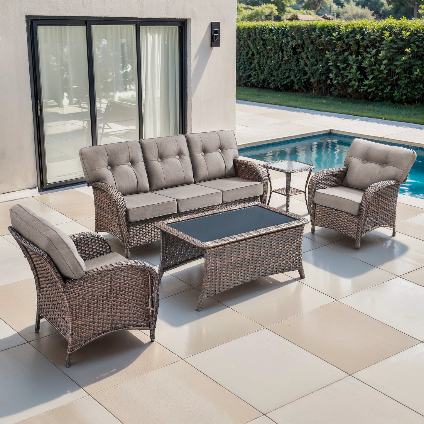 Luxury 5-Piece Patio Conversation Set: 3-Seater Sofa + 2 Patio Chairs + Side Table + Coffee Table – Heavy Duty All-Weather PE Wicker, with 5" Thick Cushions & T-Back Design, T Series