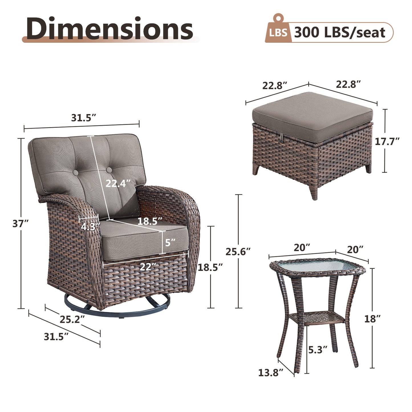 5-Piece Outdoor Patio Set: 2 Swivel Rocker Chairs + Side Table + 2 Ottomans – 5" Thick T-Back Cushions, All-Weather PE Wicker, T Series