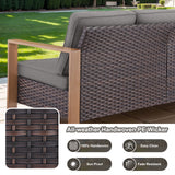 Belord deep-seat wicker sofa with brown wicker, grey cushions, wood grain frame, part of the HOP Series patio conversation sets.
