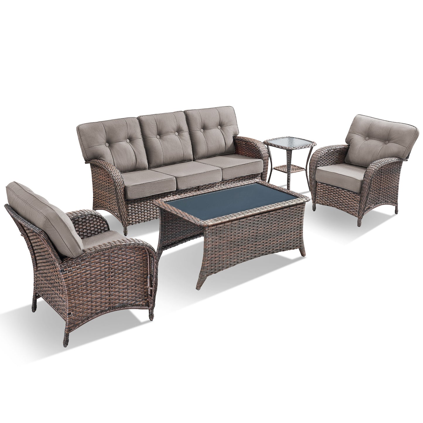 Luxury 5-Piece Patio Conversation Set: 3-Seater Sofa + 2 Patio Chairs + Side Table + Coffee Table – Heavy Duty All-Weather PE Wicker, with 5" Thick Cushions & T-Back Design, T Series