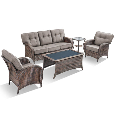 Belord luxury 5-piece patio conversation set with brown wicker, grey cushions, 3-seater sofa, chairs, side and coffee tables.
