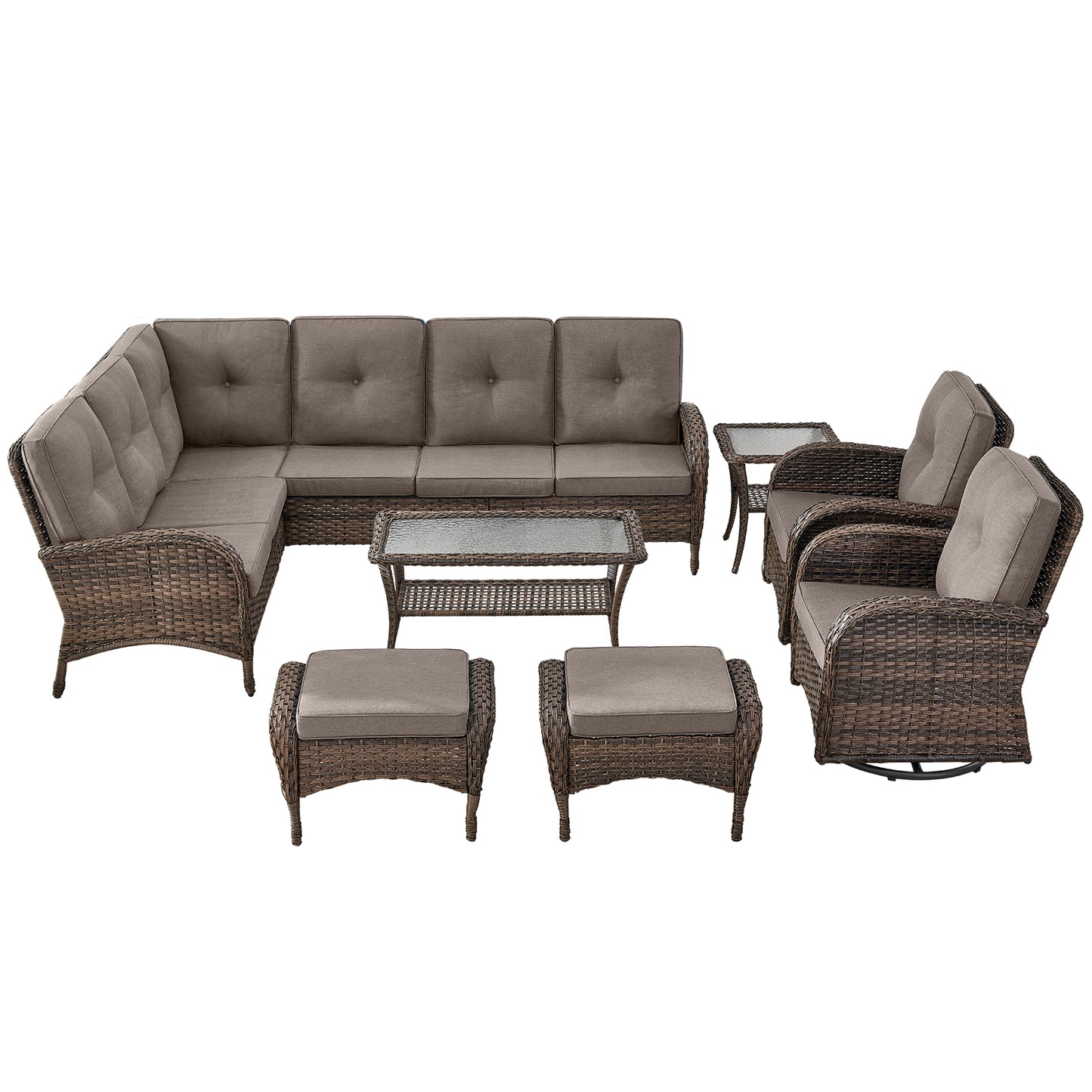 Large Sectional Set 12-Piece with Swivel Glider Chairs, Coffee Table, Side Table, and Ottoman, NDS Series