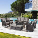 Patio Conversation Set 9-Piece with Fire Pit Table, Swivel Glider Chairs, Patio Chairs, Sofa, Side Table and Ottoman, NTC Series - Belord