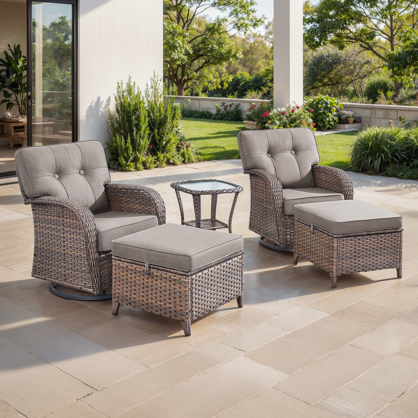 5-Piece Outdoor Patio Set: 2 Swivel Rocker Chairs + Side Table + 2 Ottomans – 5" Thick T-Back Cushions, All-Weather PE Wicker, T Series