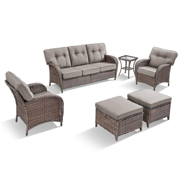 Belord T Series 5-piece patio conversation set with brown all-weather PE wicker, grey cushions, includes sofa, chairs, ottomans, and side table.