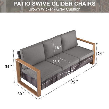 Belord deep-seat wicker patio sofa with brown wicker finish, gray cushions, and wood grain frame from the HOP Series.