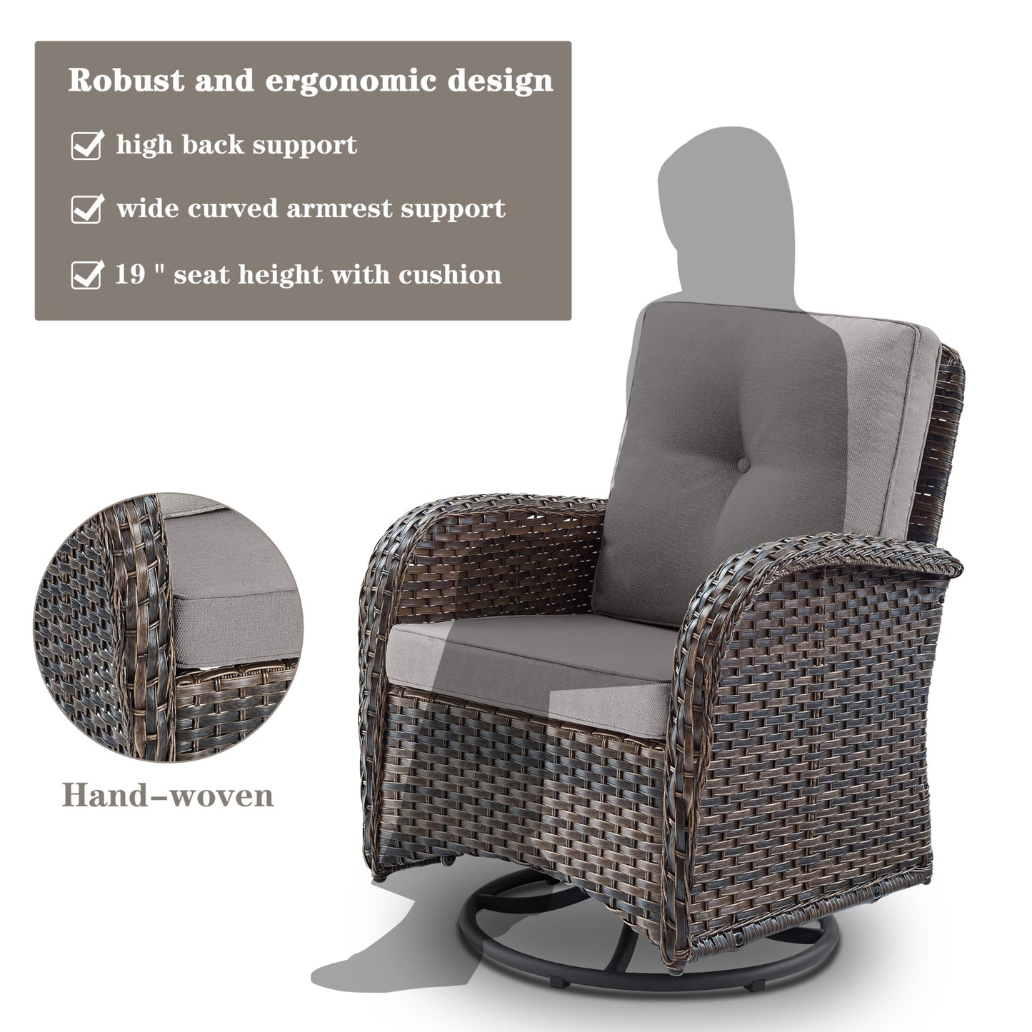 Patio Single PE Wicker Swivel Glider Chair with Thick Cushions, NDS Series