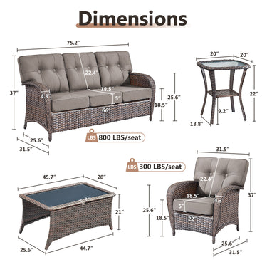 Belord luxury 5-piece patio conversation set with brown wicker, grey cushions, including sofa, chairs, side, and coffee tables.