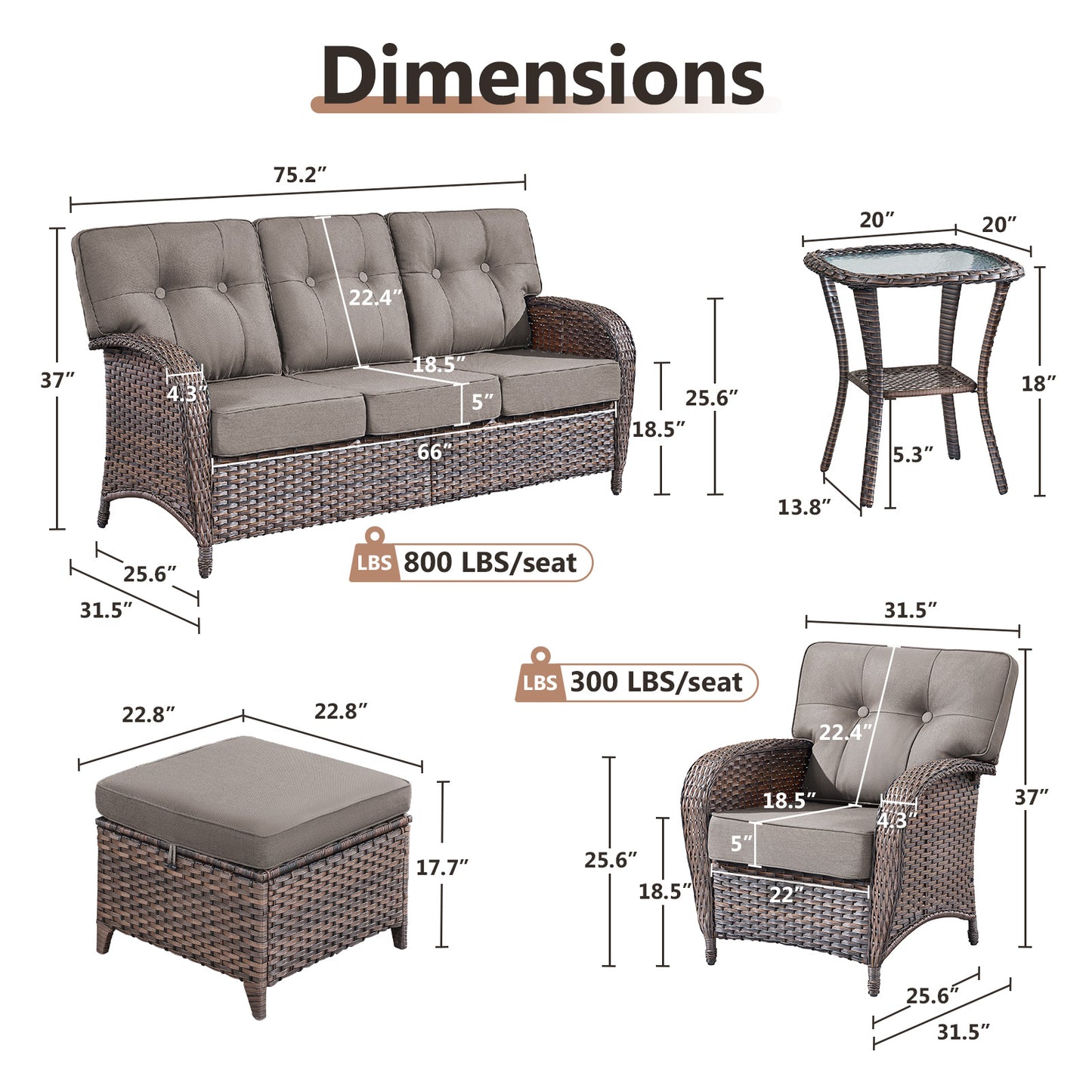 T Series 5-Piece Patio Set: 3-Seater Sofa + 2 Patio Chairs + Side Table + 2 Ottomans – All-Weather PE Wicker with 5" Thick Cushions