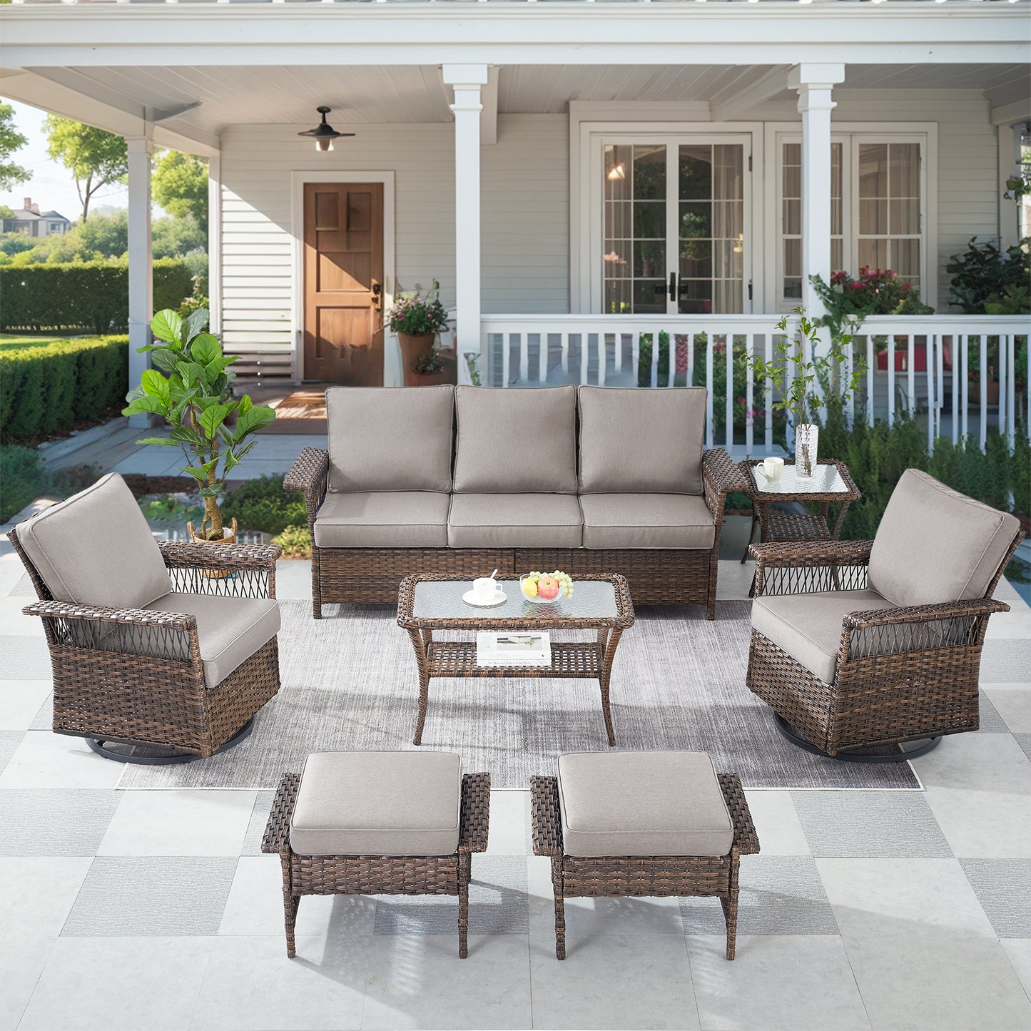 Patio Conversation Set 7-Piece with Sofa, Swivel Glider Chairs, Coffee Table, Side Table, and Ottoman, SS Series