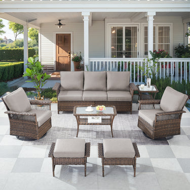 Patio Conversation Set 7-Piece with Sofa, Swivel Glider Chairs, Coffee Table, Side Table, and Ottoman, SS Series - Belord