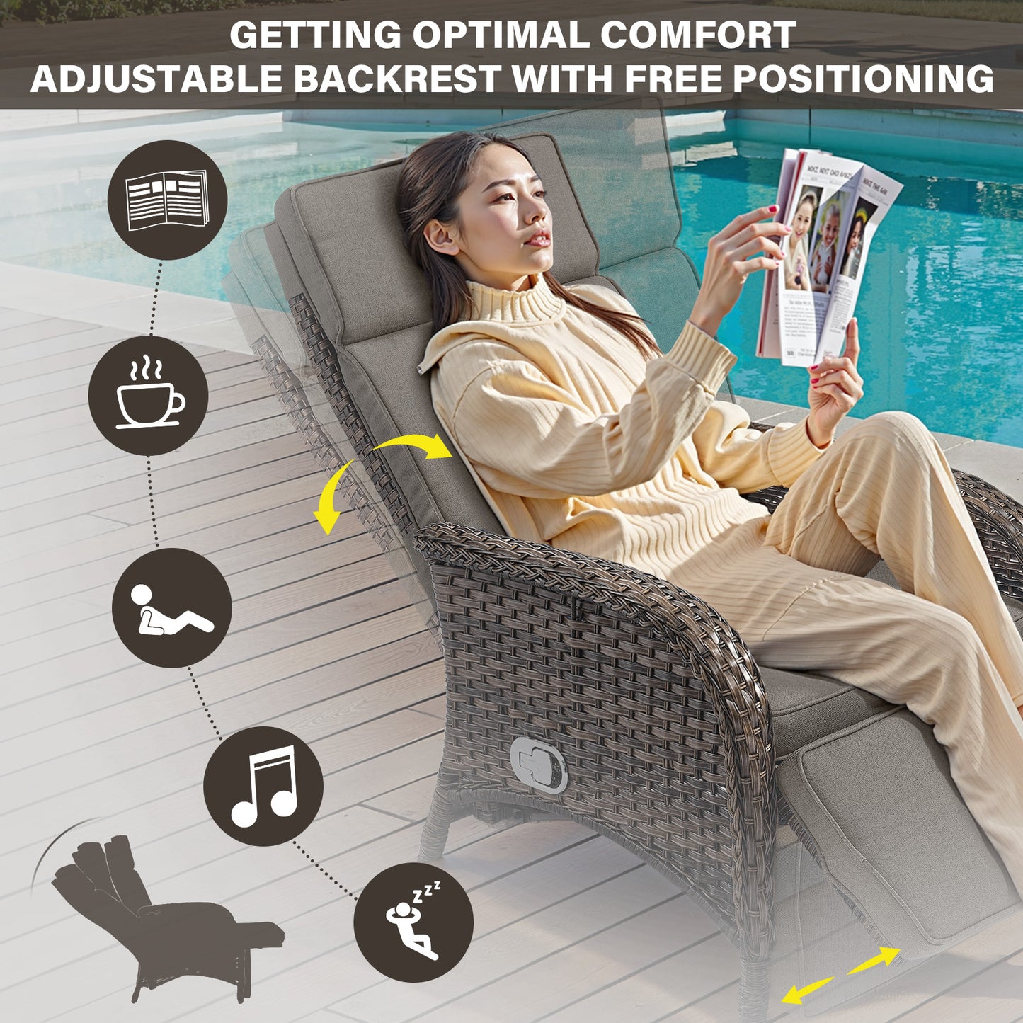 Premium 7-Piece Patio Conversation Set - 4 Adjustable Recliners & 3 Side Tables with 155° Lay Flat Chaise, NDS Series
