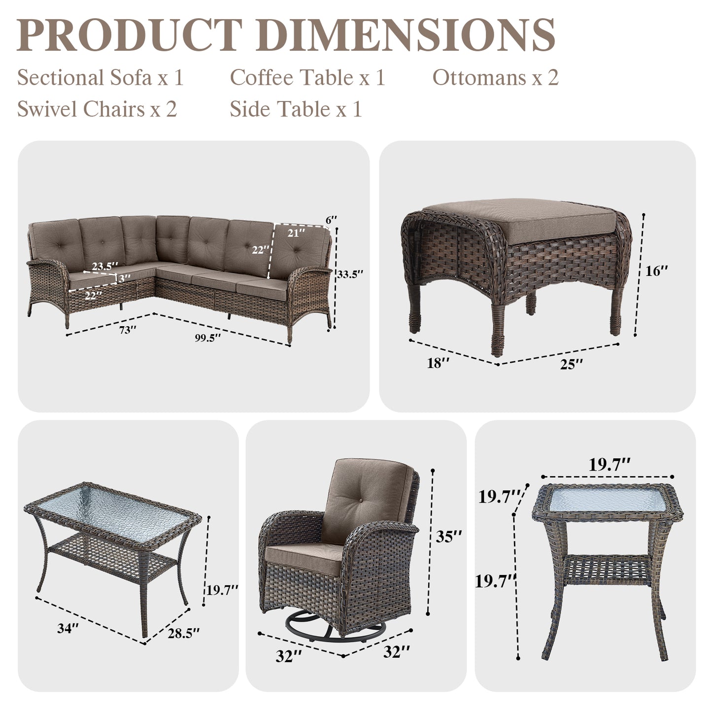Large Sectional Set 12-Piece with Swivel Glider Chairs, Coffee Table, Side Table, and Ottoman, NDS Series