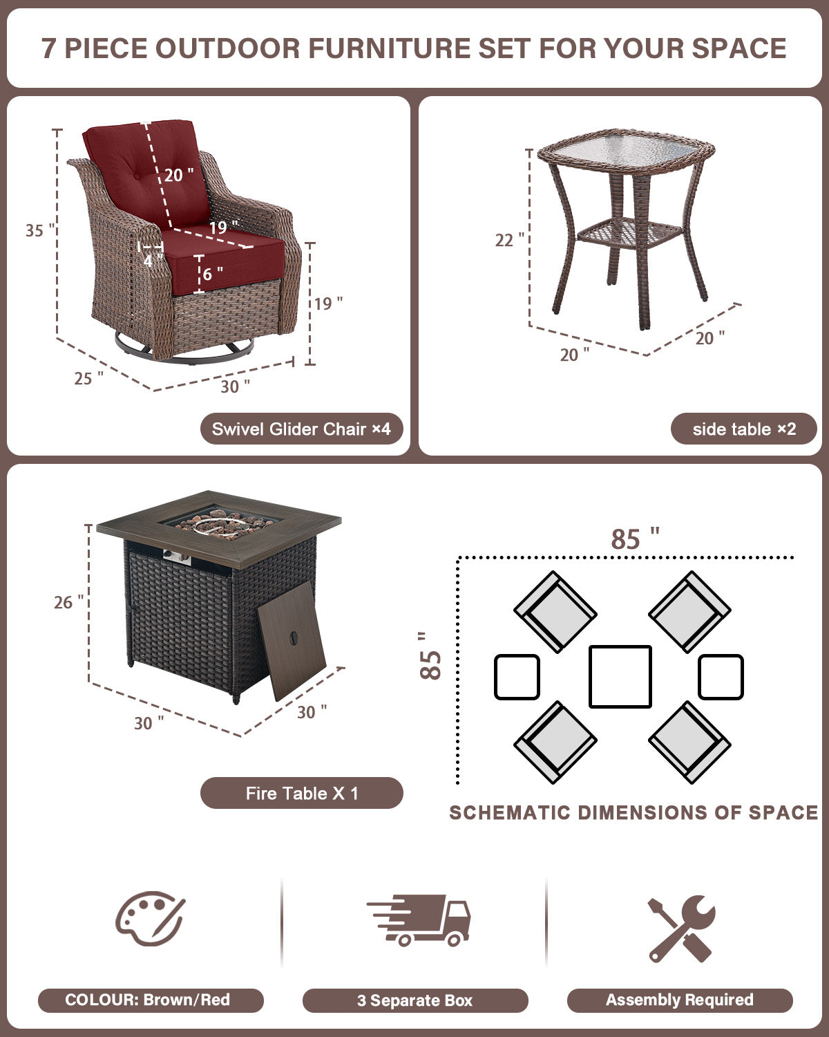 Luxury 7-Piece Outdoor Fire Pit Set - 4 Swivel Glider Chairs with 30" Propane Table & 6" Thick Cushions, Ovolo Series