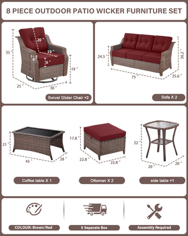 8-Piece Luxury Outdoor Wicker Set - 2 High Back Swivel Glider Chairs + 2 Rattan Sofa, Coffee Table & Ottoman, Ovolo Series - Belord