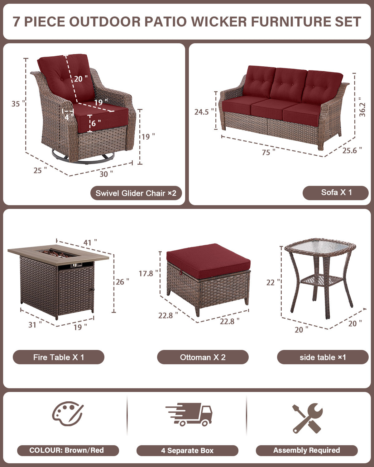 Outdoor Fire Pit Furniture Set - 7pc w/Swivel Glider Chairs & Thick 6" Cushions, Ovolo Series