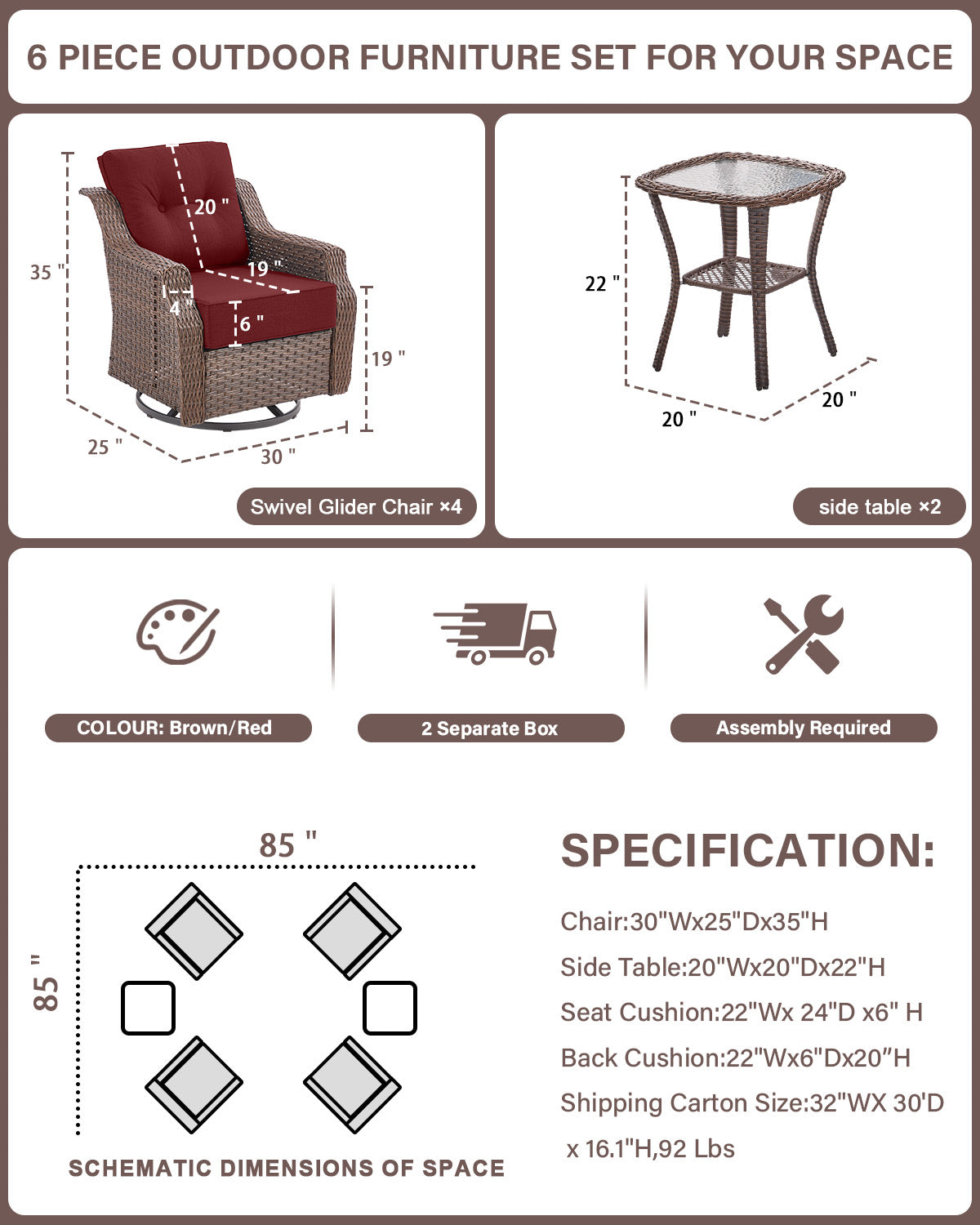 Luxury 6-Pc 6" Thick-Cushion Patio Set - 4 Swivel Glider Chairs & Tempered Glass Side Table, Ovolo Series