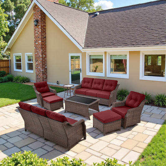 8-Piece Luxury Outdoor Wicker Set - 2 High Back Swivel Glider Chairs + 2 Rattan Sofa, Coffee Table & Ottoman, Ovolo Series