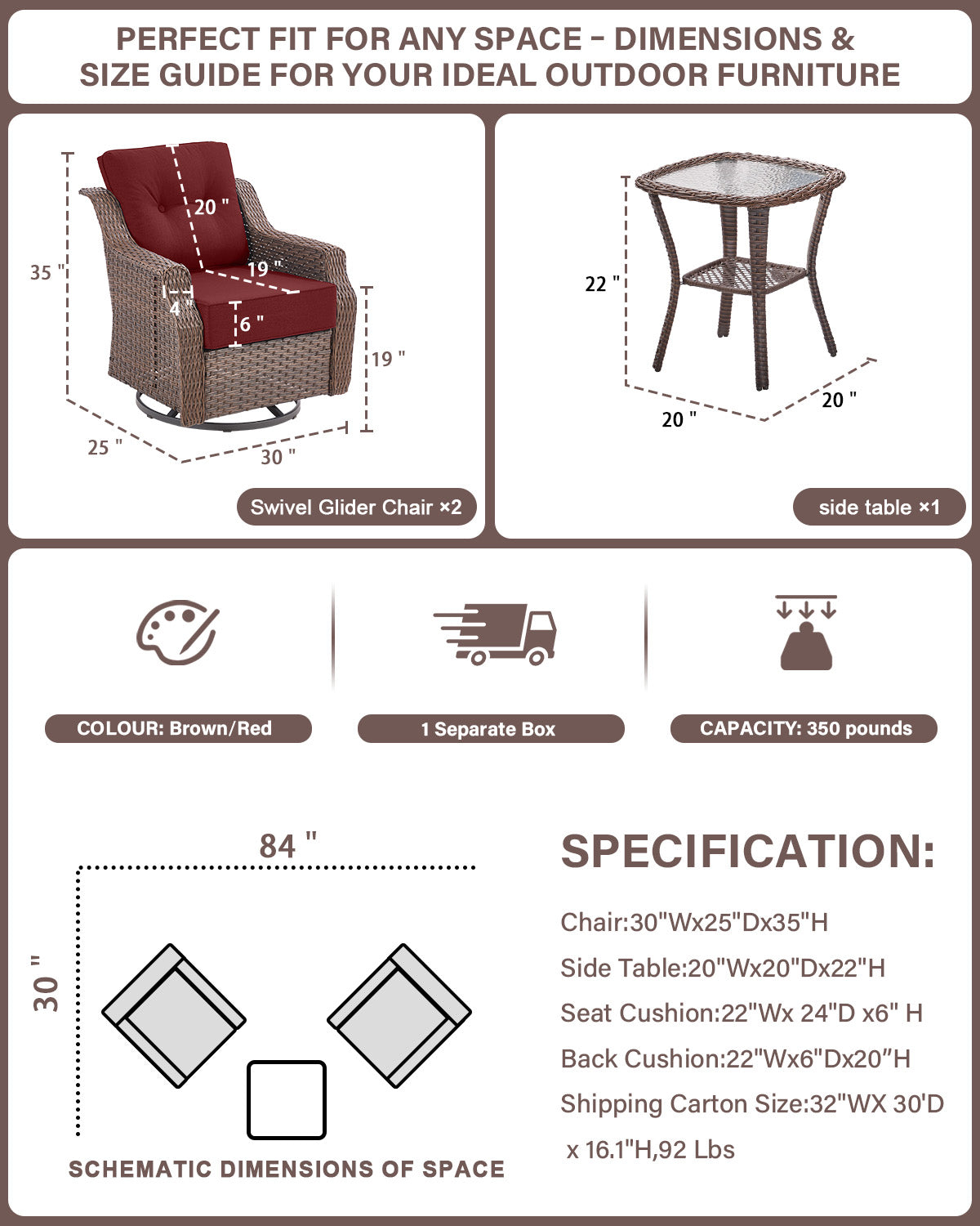 Luxury 3-Pc Outdoor Wicker Swivel Glider Set - 2 High Back Patio Chairs with 6" Thick Cushions & Side Table, Ovolo Series