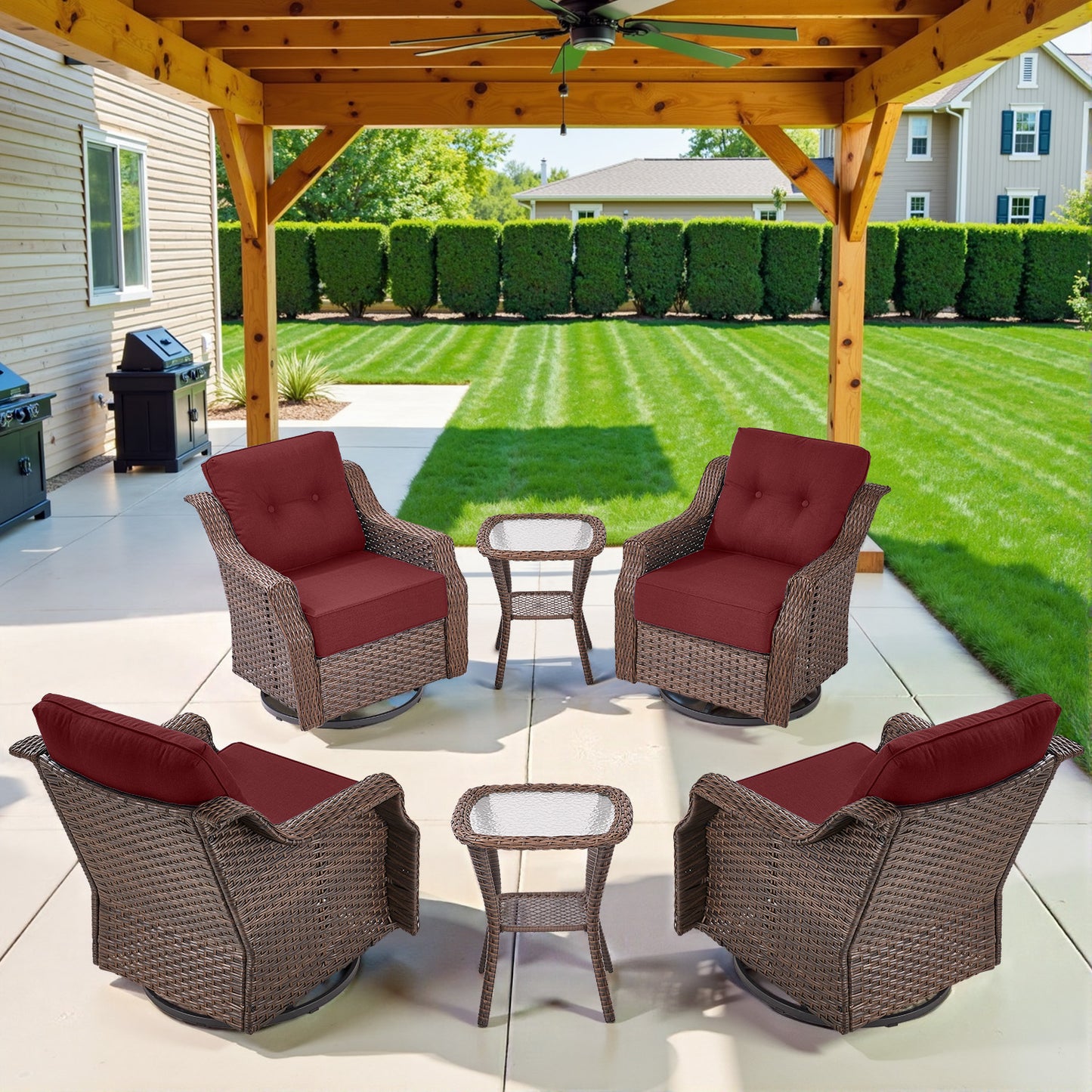 Luxury 6-Pc 6" Thick-Cushion Patio Set - 4 Swivel Glider Chairs & Tempered Glass Side Table, Ovolo Series