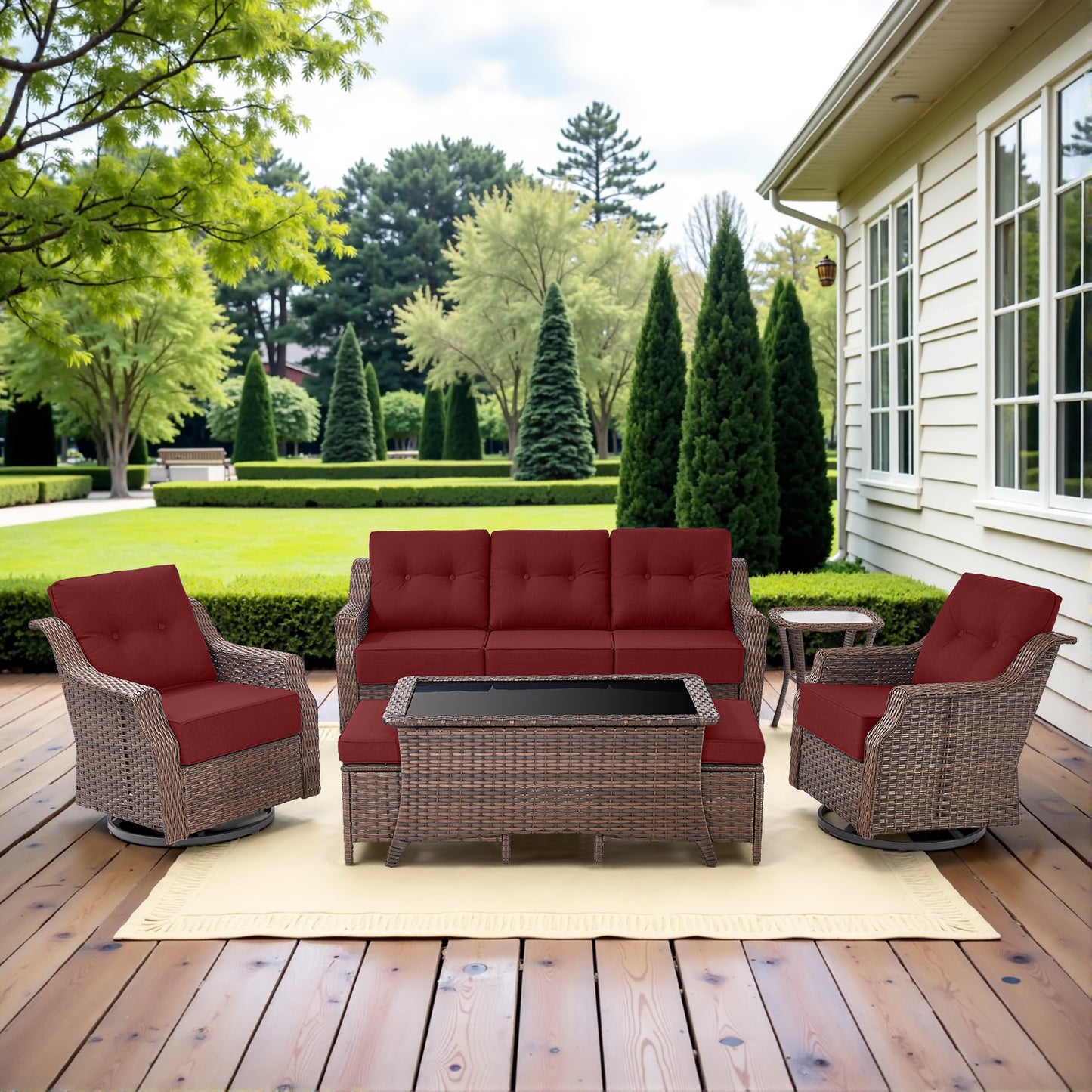 7-Piece Luxury Outdoor Conversation Set - High Back Swivel Glider Chairs with 3-Seat Sofa & Ottoman, Ovolo Series