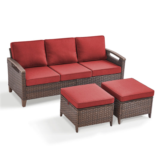 BBR Series 3-Piece Patio Set: 1 Sofa + 2 Ottomans - PE Wicker with Thick Cushions
