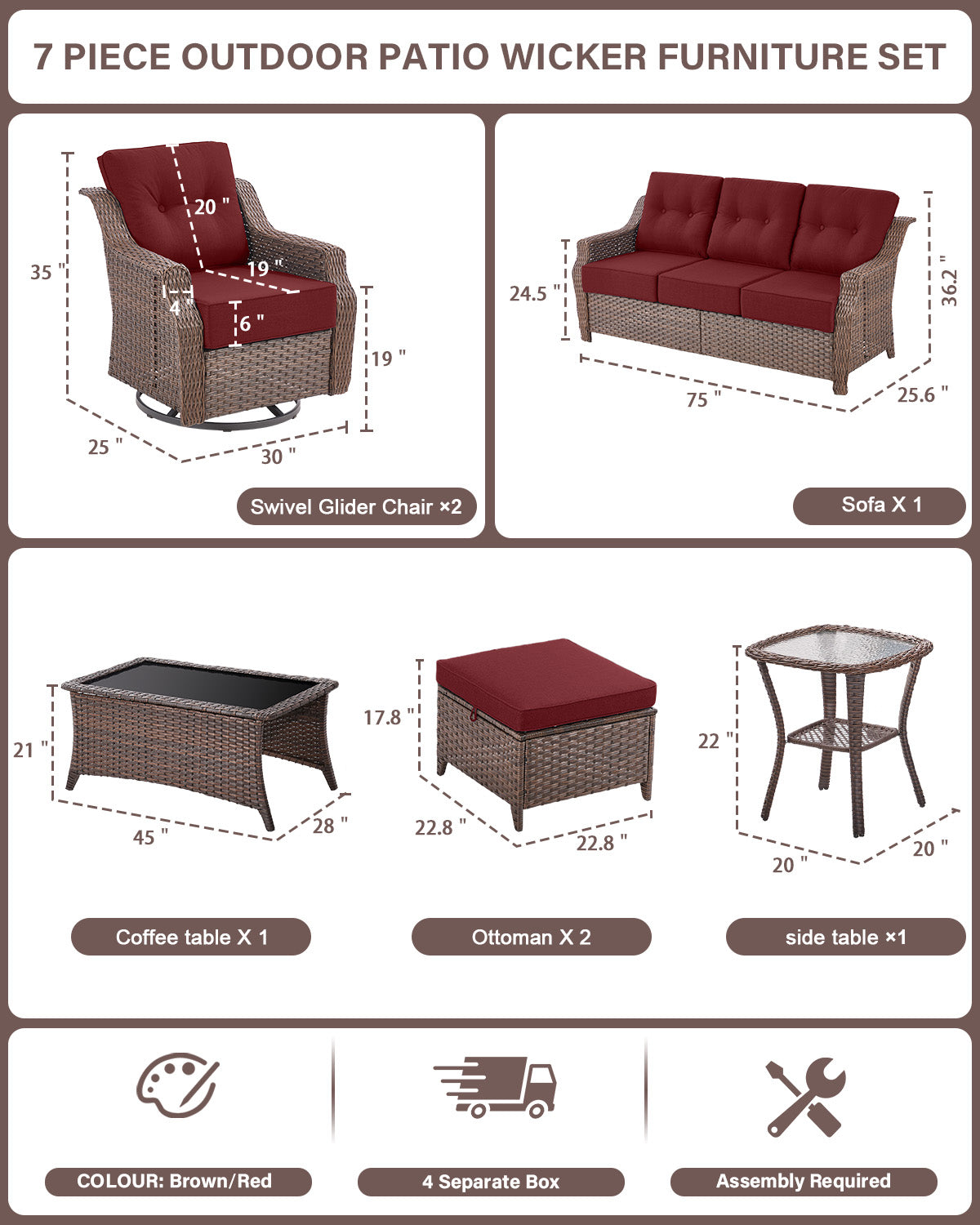 7-Piece Luxury Outdoor Conversation Set - High Back Swivel Glider Chairs with 3-Seat Sofa & Ottoman, Ovolo Series