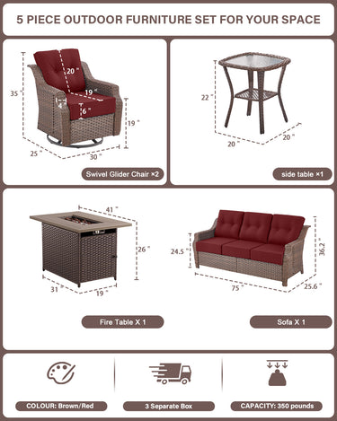 Luxury 5-Piece Outdoor Patio Set with Fire Pit Table - 41" Swivel Glider Chairs & Sofa, All-Weather Wicker with 6" Red Cushions, Ovolo Series - Belord